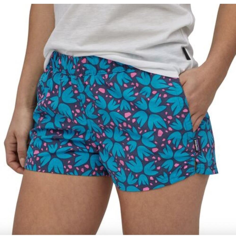 Patagonia Women's Barely Baggies Shorts Floral Pollen Confetti Dolomite Blue